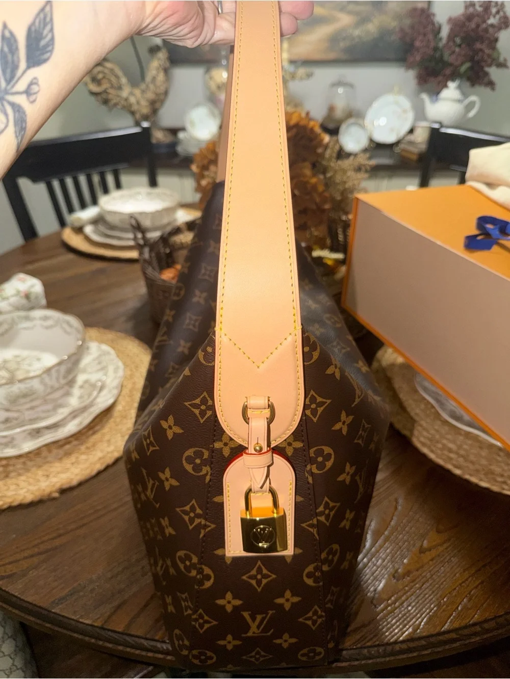 Louis Vuitton Monogram Shoulder Hobo in Brown with Red Trim
